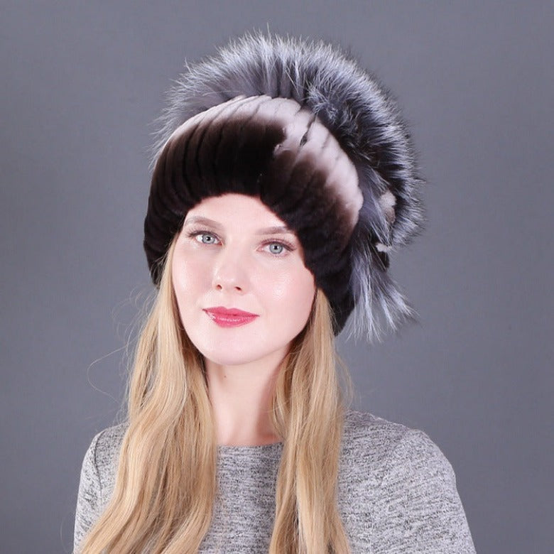 Women's autumn and winter Rex rabbit fur warm flower hat thickened ear protection elastic hat
