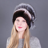 Women's autumn and winter Rex rabbit fur warm flower hat thickened ear protection elastic hat