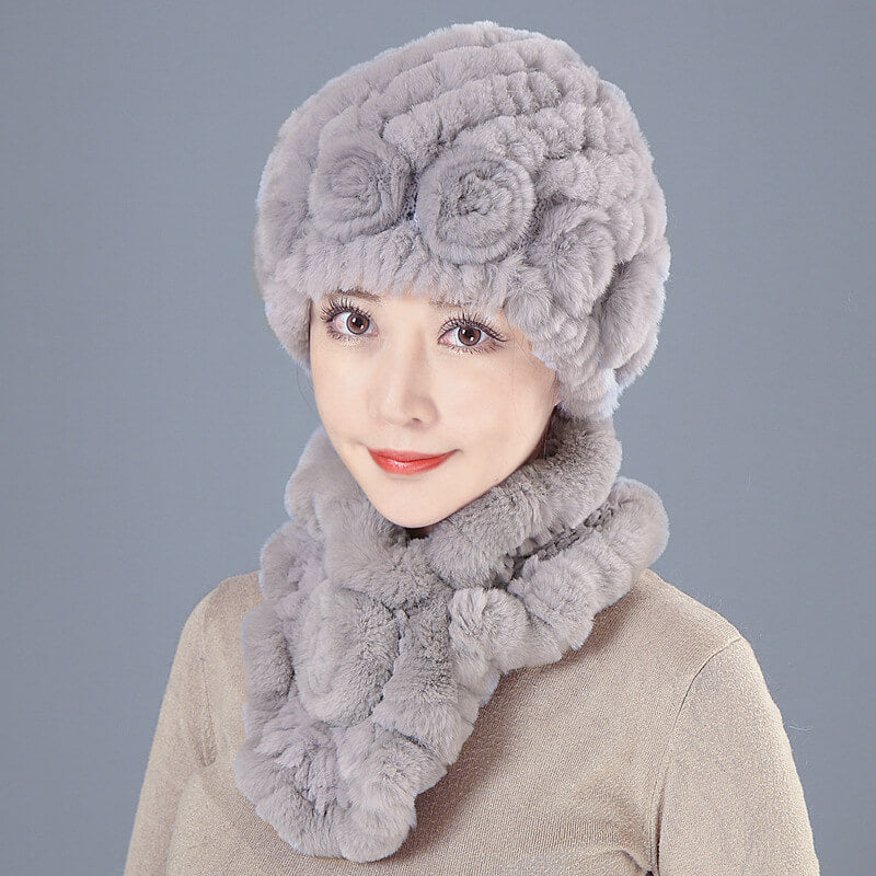 New Rex Rabbit Fur Hat Female Autumn and Winter Outdoor Warm Ear Protection Scarf Mom Casual Suit