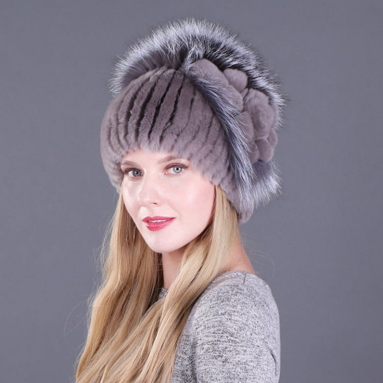 Women's autumn and winter Rex rabbit fur warm flower hat thickened ear protection elastic hat