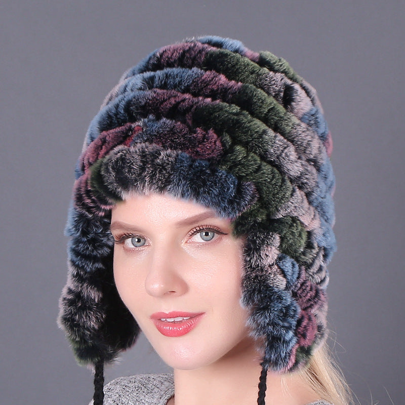 Thickened warm rex rabbit fur hat ear protection hat fur cotton hat ladies wool hat autumn and winter