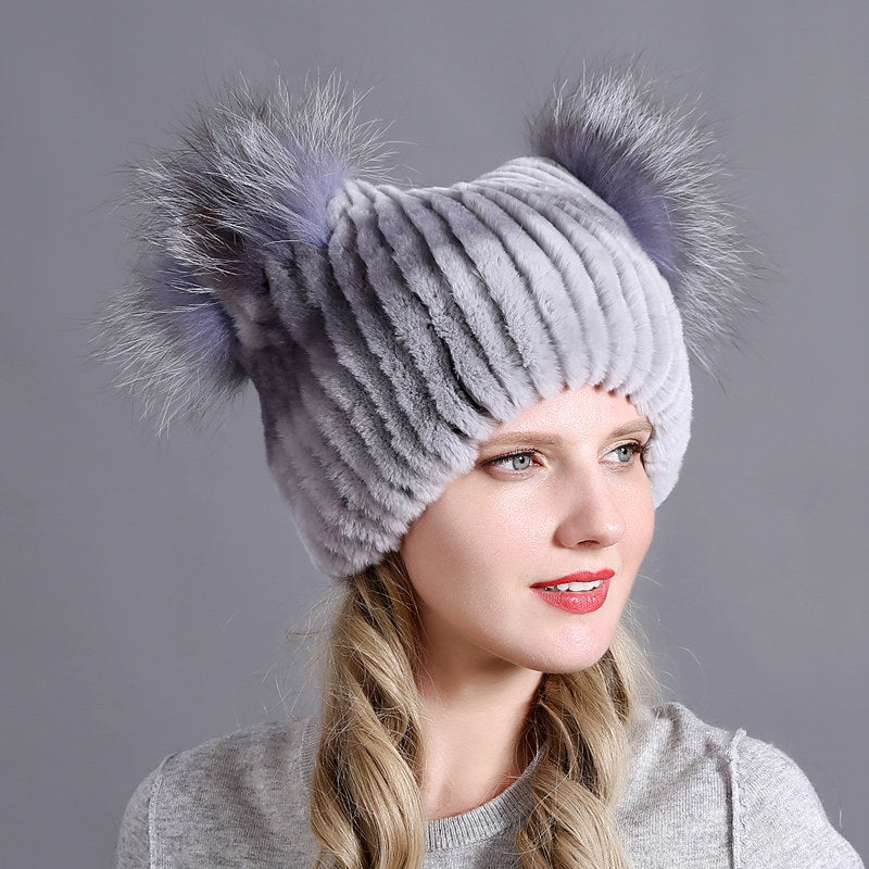 Rex rabbit fur hat ladies winter thickening warm ear protection cold cat ear hat