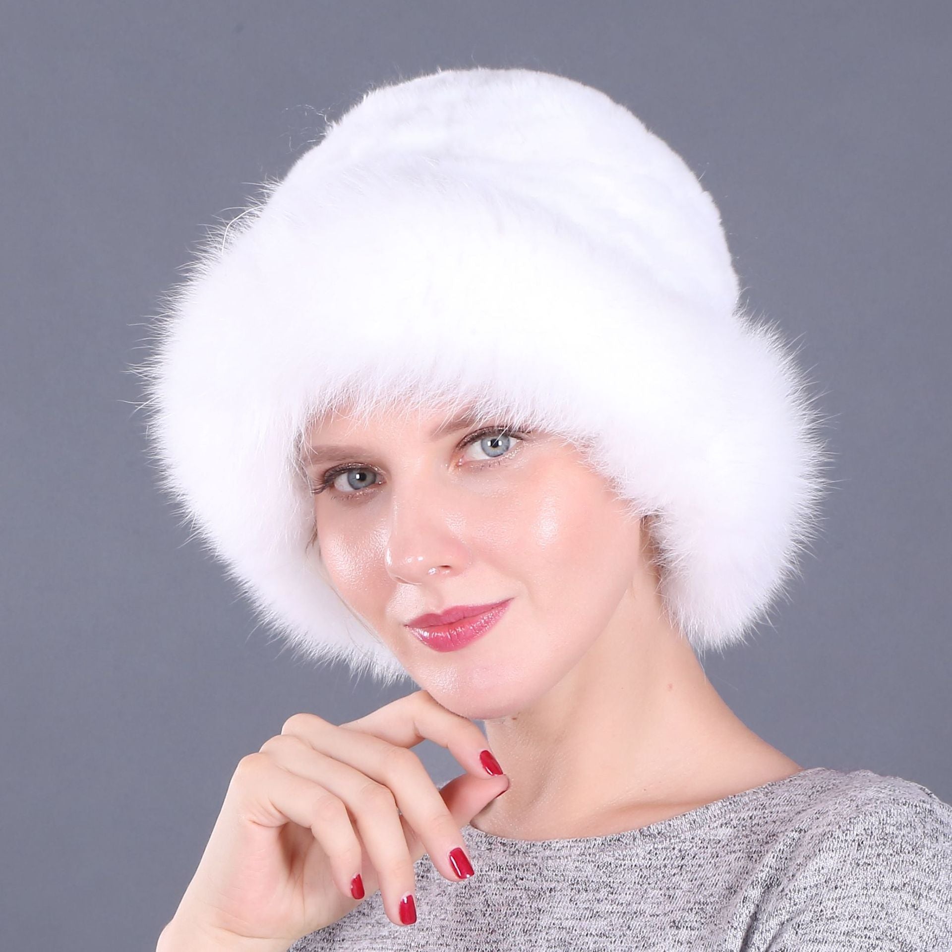 Winter warm fox fur hat Rex rabbit fur knitted hat with fox brim