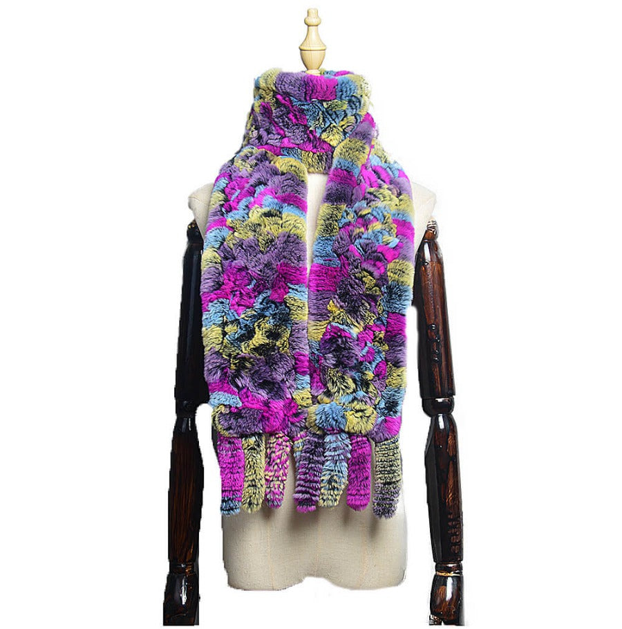 Women's Rex rabbit fur collar double-sided woven long warm scarf