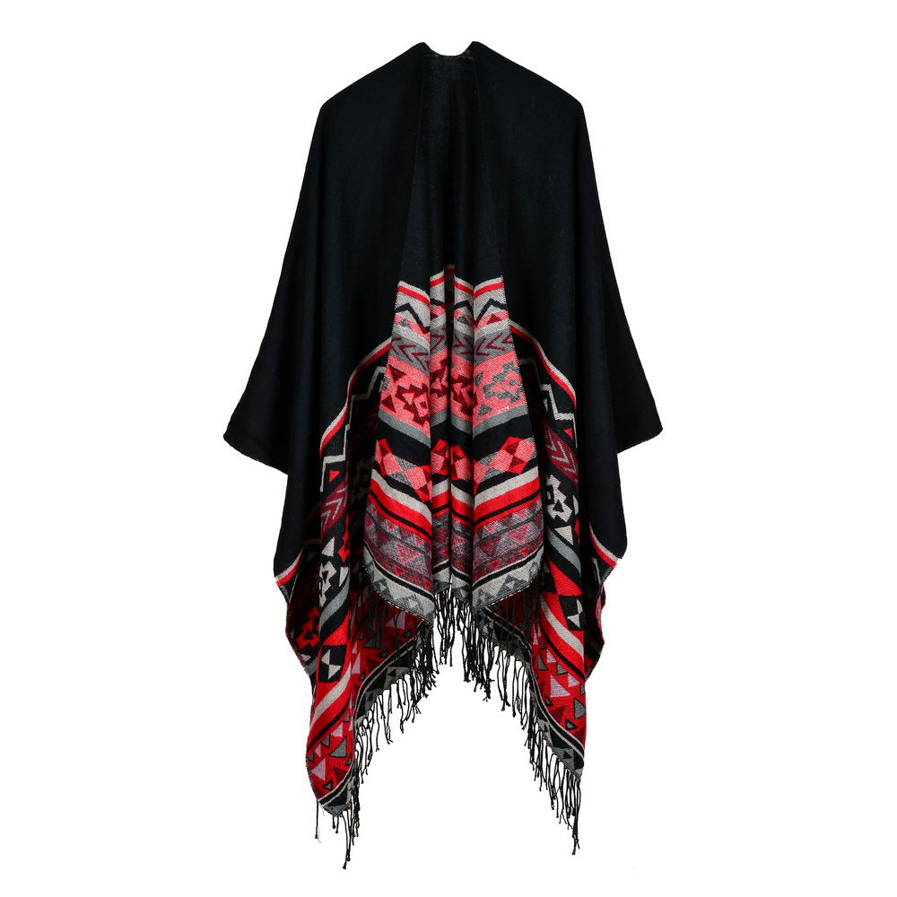 Women's rhombus tassel lengthened imitation cashmere shawl front and back can be thickened cloak