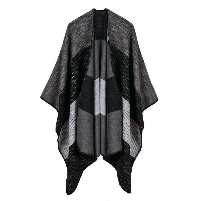 Women's diamond colored striped shawl, high-end women's double-sided travel cloak