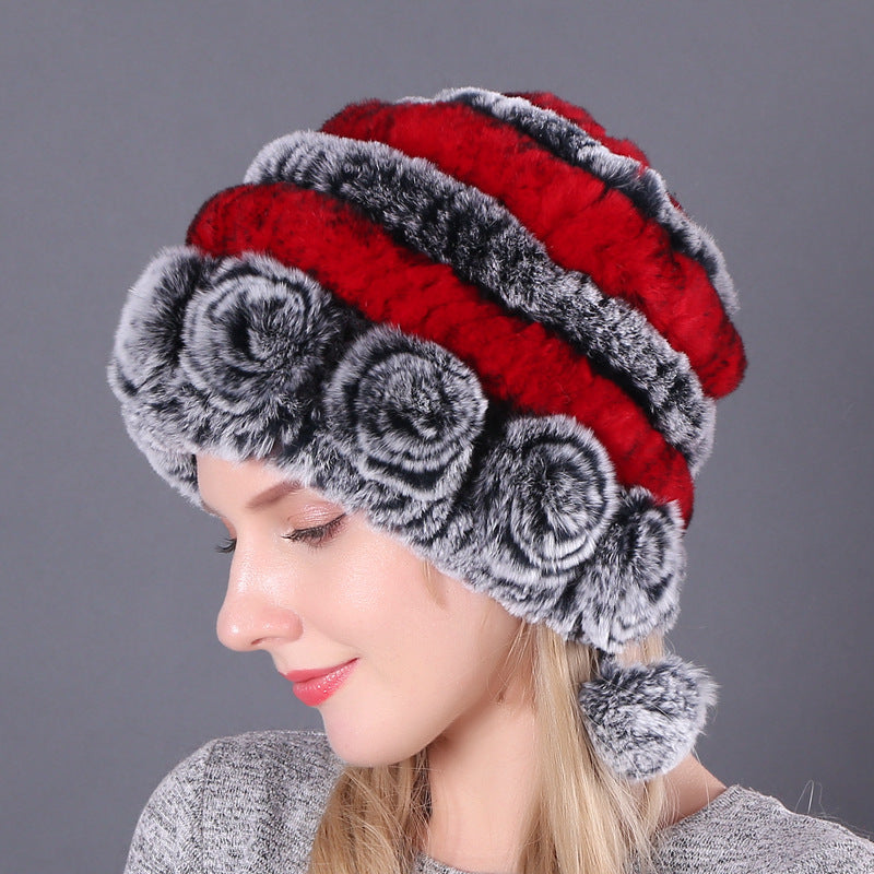 Warm ear protection fur Rex rabbit fur hat three ball autumn and winter round hat knitted women's hat wool hat