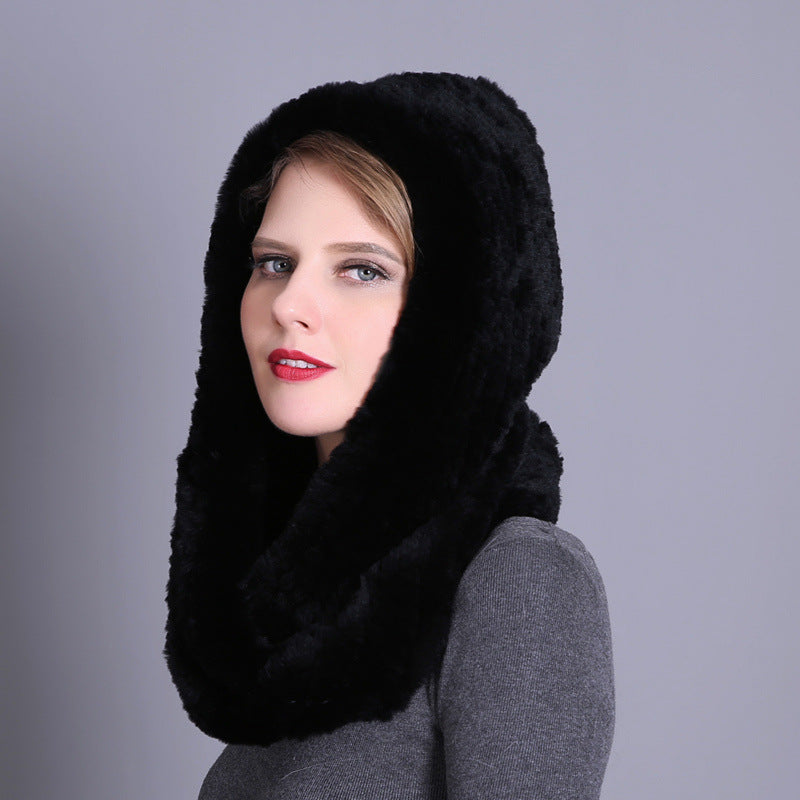 Ladies Rex Rabbit Fur Hat Scarf Toe Head Dual Purpose Hooded Snow Fashion Hat