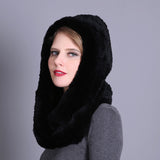 Ladies Rex Rabbit Fur Hat Scarf Toe Head Dual Purpose Hooded Snow Fashion Hat