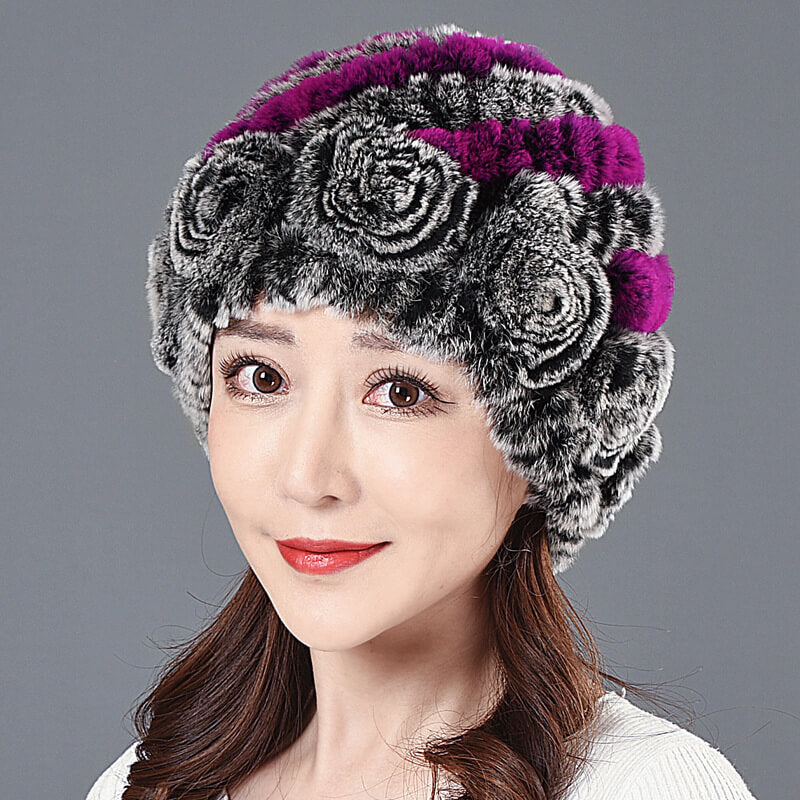 Ladies Skull Hat Knitted Pineapple Hat Real Fur Hat Natural Fur Beanie Hat