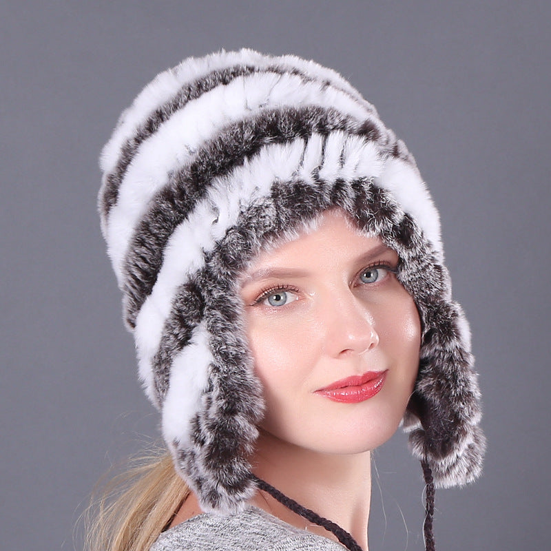 Thickened warm rex rabbit fur hat ear protection hat fur cotton hat ladies wool hat autumn and winter