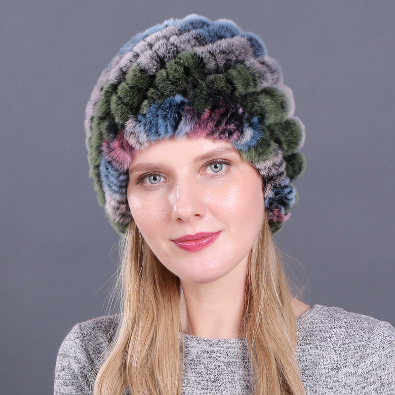Women's autumn and winter rex rabbit fur pineapple hat Korean women's fur hat ear protector