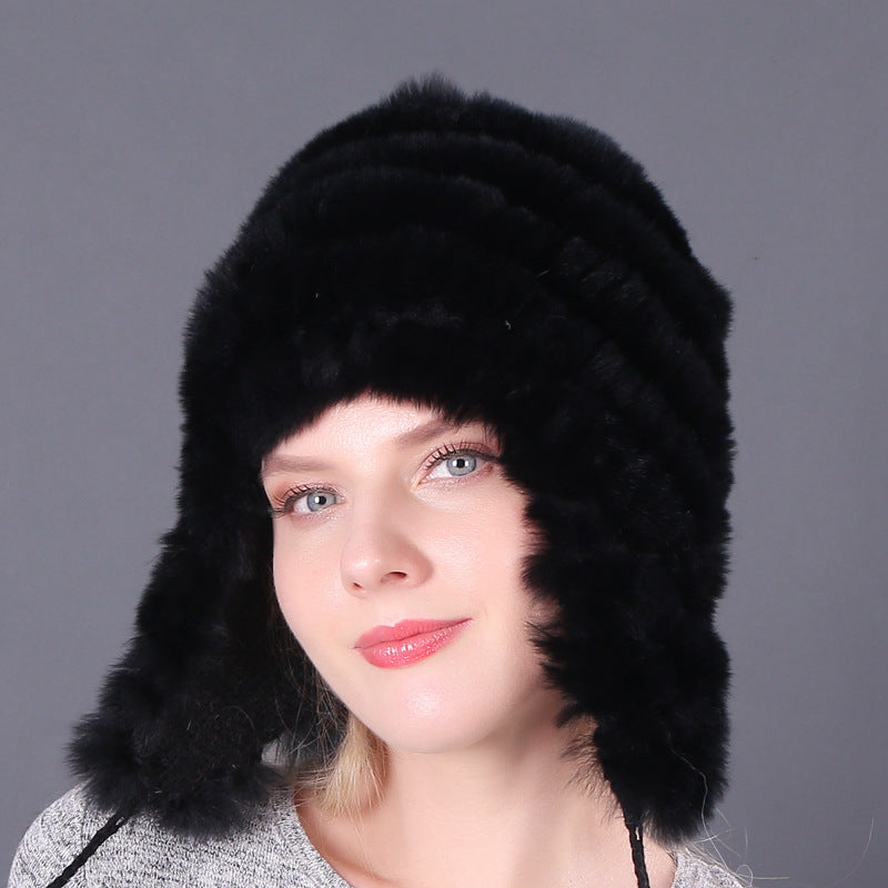 Thickened warm rex rabbit fur hat ear protection hat fur cotton hat ladies wool hat autumn and winter
