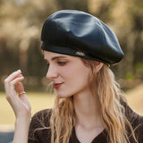 Black beret female PU leather hat design sense octagonal painter hat