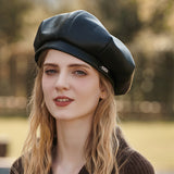 Black beret female PU leather hat design sense octagonal painter hat