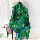 Ladies simulation silk scarf light breathable air-conditioned gauze sunscreen beach green peacock feather shawl