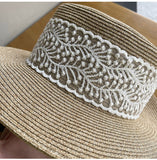 Flat top hat women's summer vacation series wide brim straw hat travel sun protection UV protection sun hat