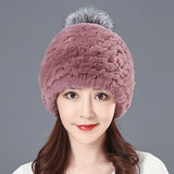 Women's Winter Rex Rabbit Fur Ball Thickened Warm All-match Ear Protection Knitted Wool Cap