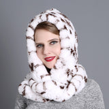 Ladies Rex Rabbit Fur Hat Scarf Toe Head Dual Purpose Hooded Snow Fashion Hat