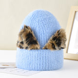 Women's autumn and winter wool cap leopard print cat ears hat elastic knitted ski cap