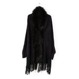 Autumn and winter women's cape cardigan artificial wool solid color with sleeve length tassel hem cloak