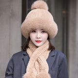 Women's winter warm two-piece scarf hat set Rex rabbit wool wool thickened fur straw hat