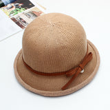 Dome curling pot hat female summer wild Western-style knitted bow pearl sun hat fisherman hat breathable cool hat
