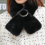 Pearl button scarf for women warm winter cross rabbit hair plush scarf Korean trend scarf