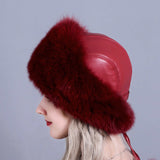 Fox Fur Grass Hat Women's Winter Thickened Warm Ear Protection Hat Leather