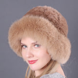 Winter warm fox fur hat Rex rabbit fur knitted hat with fox brim