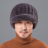 Men's Rex Rabbit Fur Hat Winter Thickened Warm Fur Peaked Cap