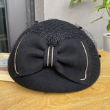 Autumn and Winter Vintage Bow Felt Hat Ladies Lace Mesh Shaped Beret