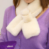 Pearl button scarf for women warm winter cross rabbit hair plush scarf Korean trend scarf