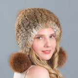Fur hat women's three-ball winter rabbit fur fox fur ball ear protection thickened warm fur hat