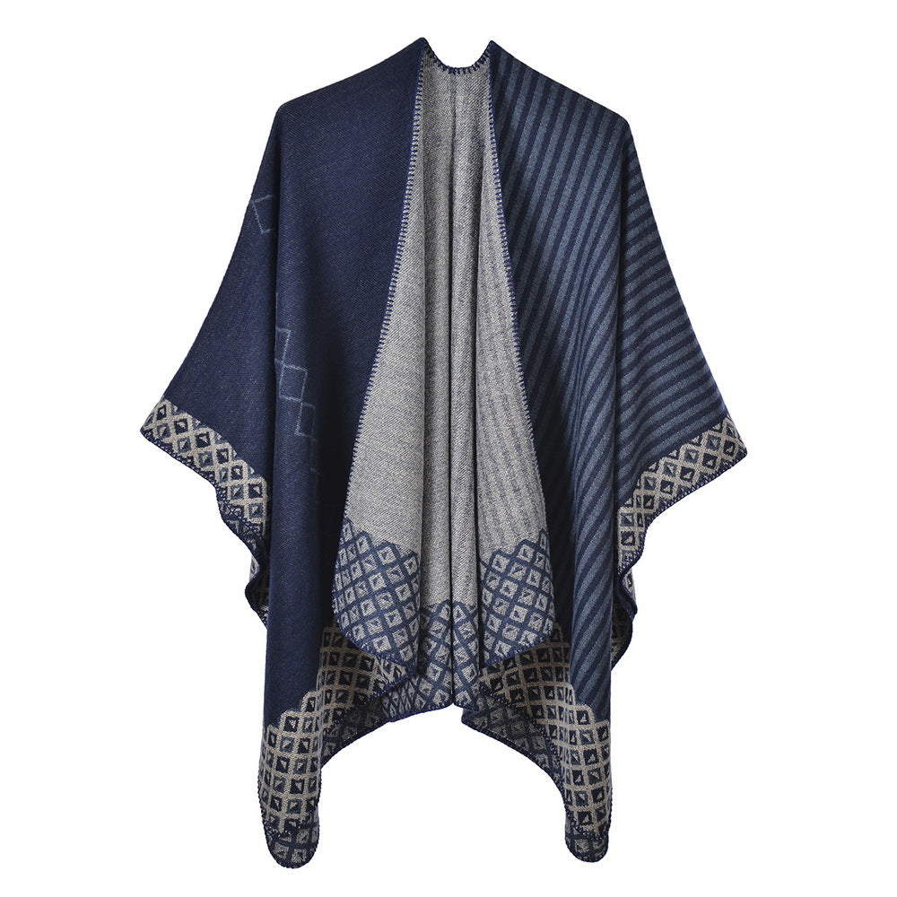 Women\'s scarf autumn and – Bandana slit warm small cloak winter Novelty rhombus striped
