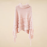 Pullover high collar solid color fur trim pearl cape cape knitted top warm lady autumn and winter