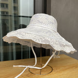 Ladies Spring Summer Beach Sweet Lace Strap Sun Hat Thin Cut Hollow Breathable Sun Hat