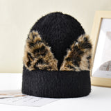 Women's autumn and winter wool cap leopard print cat ears hat elastic knitted ski cap
