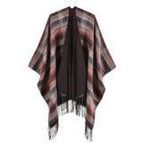 Women's classic color plaid cape with cashmere tassels thickened for warmth