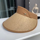 Ladies Wide Brim Straw Hat Sun Hat Summer Beach Foldable Ponytail Empty Top Hat UV Protection