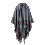 Women's Thick Color Stripe Imitation Cashmere Jacquard Shawl Warm Lengthened Fashion Hooded Cape