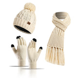 Autumn and winter new knitted wool color hat thickened scarf touch screen gloves three-piece set