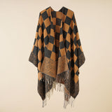 Women's cape, warm in autumn and winter, fashionable plaid tassels, simple