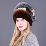 Women's autumn and winter Rex rabbit fur warm flower hat thickened ear protection elastic hat