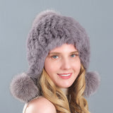 Fur hat women's three-ball winter rabbit fur fox fur ball ear protection thickened warm fur hat