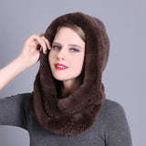 Ladies Rex Rabbit Fur Hat Scarf Toe Head Dual Purpose Hooded Snow Fashion Hat