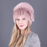 Women's autumn and winter Rex rabbit fur warm flower hat thickened ear protection elastic hat