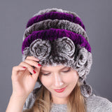 Warm ear protection fur Rex rabbit fur hat three ball autumn and winter round hat knitted women's hat wool hat