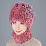 Rex Rabbit Fur Hat Women Winter Thickened Warm Ear Protection Fleece Hat Scarf Two Piece