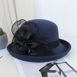 Fashion elegant bowler hat in autumn and winter Women's woolen pot hat Feather mesh flower felt hat